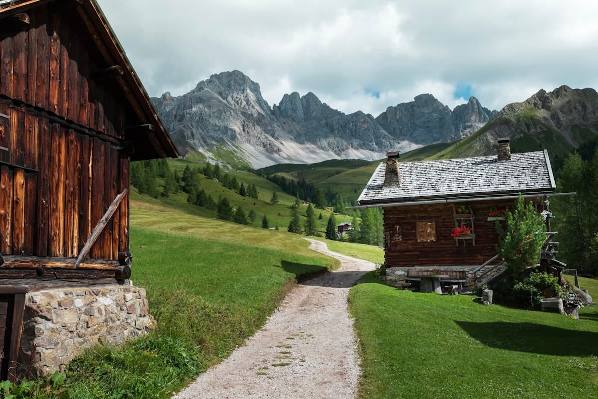 Chalets en bois le long d'un chemin de montagne avec des prairies vertes